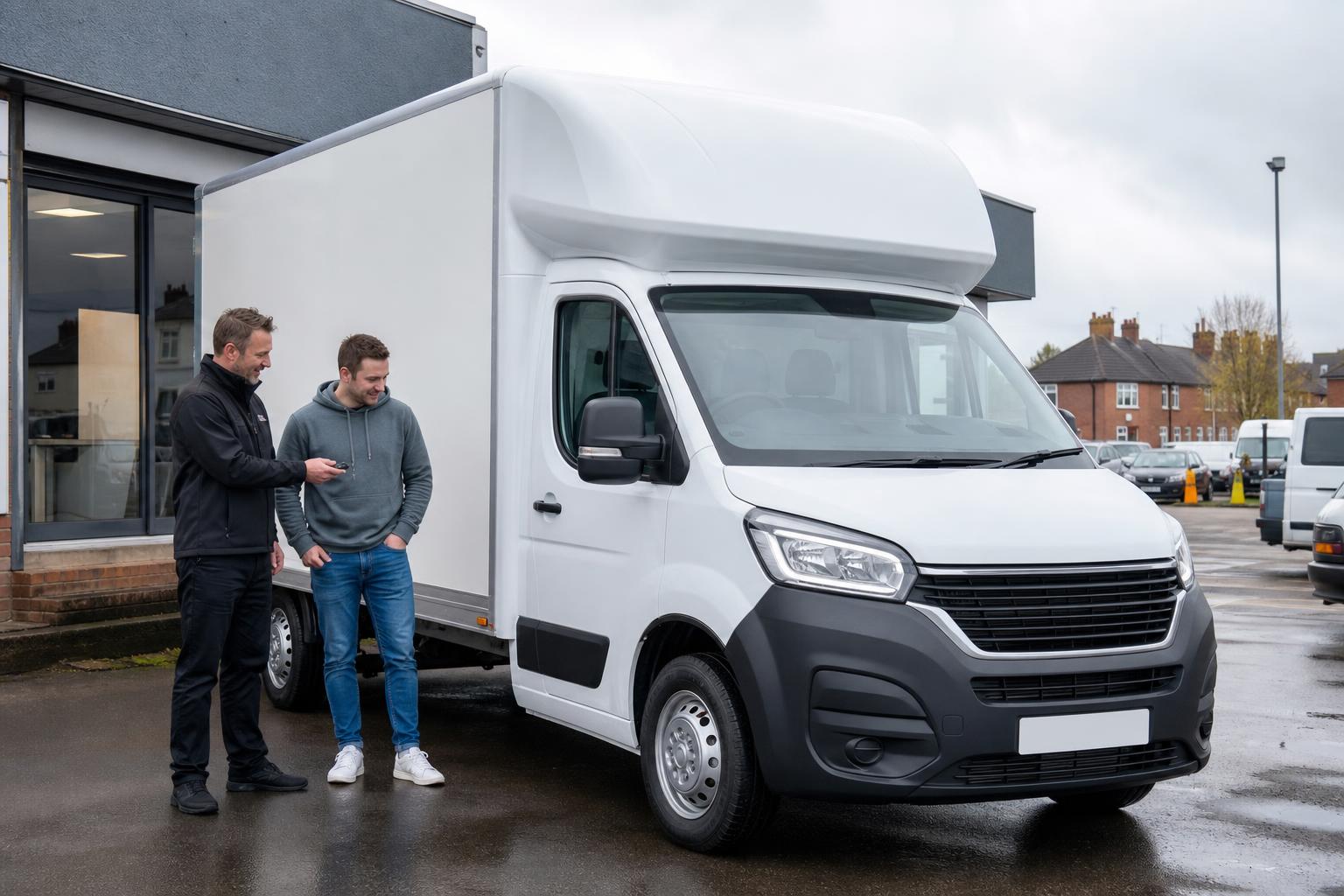 Customer handover beside a clean white Luton van in Sutton-in-Ashfield