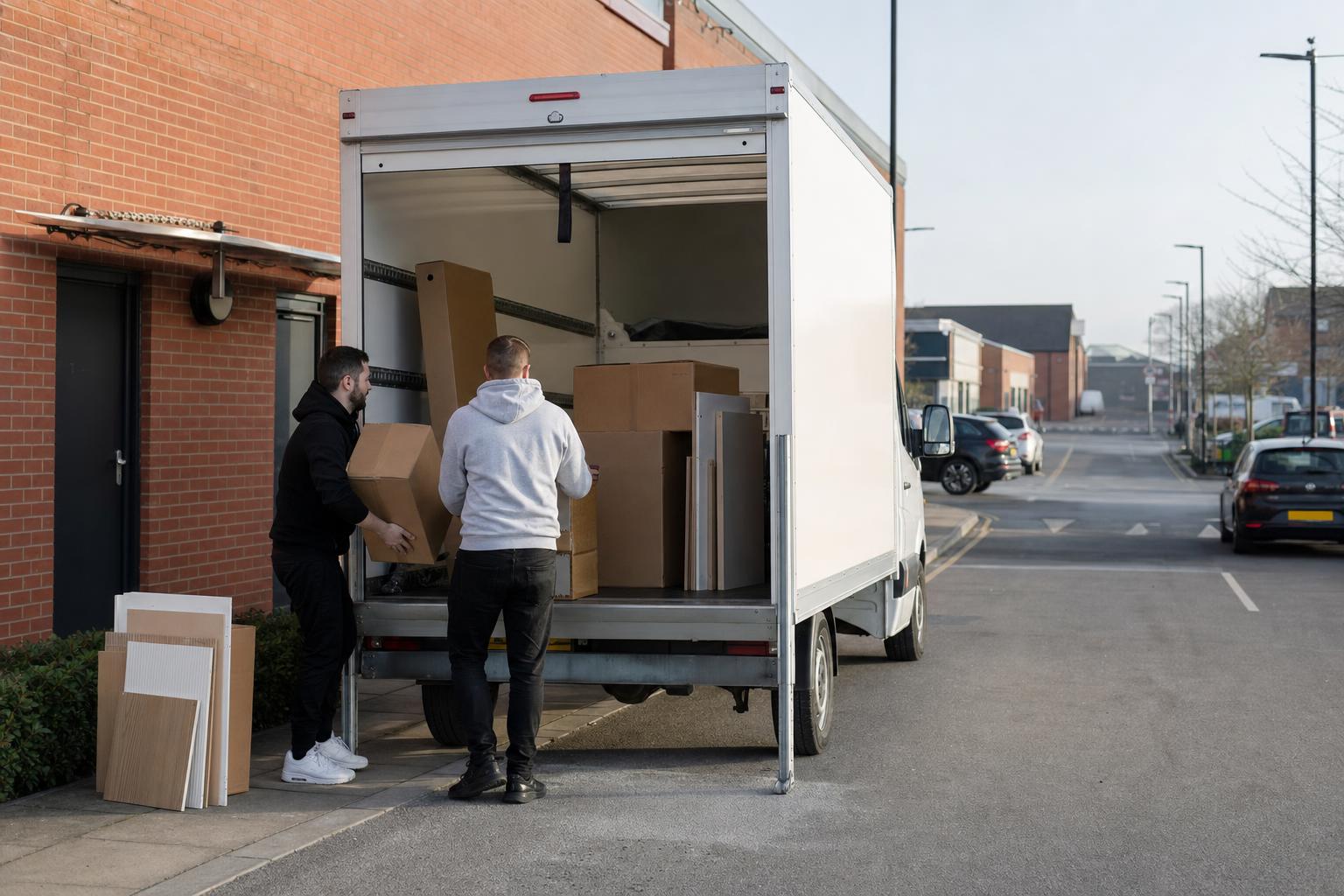 White Luton van being loaded with boxes near a retail area in Worksop