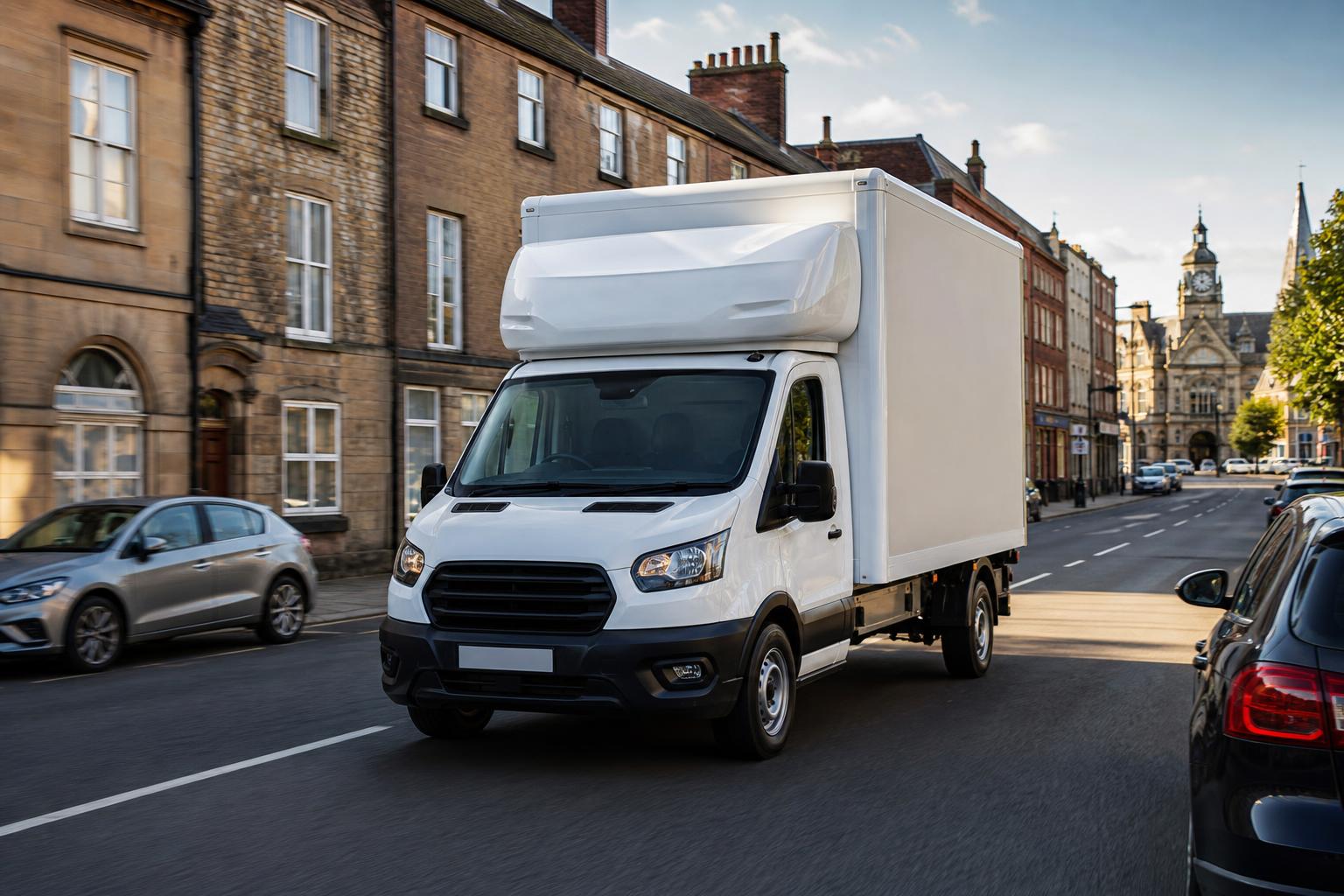 White Luton van driving through a Chesterfield town street