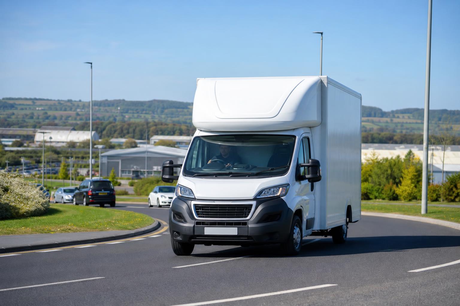 White Luton van driving on a main road near Alfreton